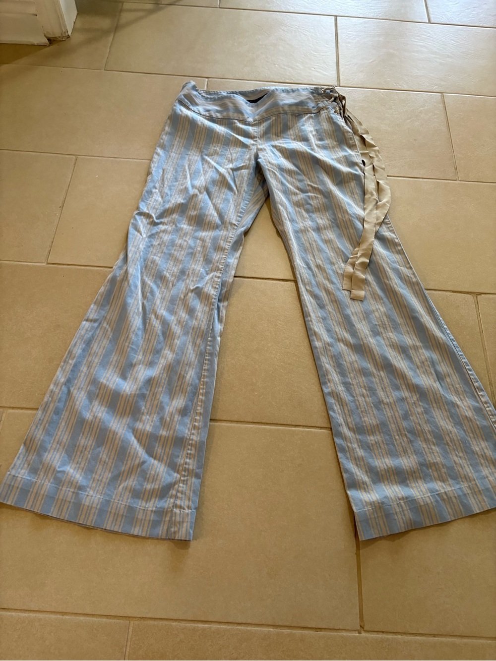Juicy Couture Blue Beige Striped Wide Leg Pants Size 30 Lace Up Drawstring Y2K